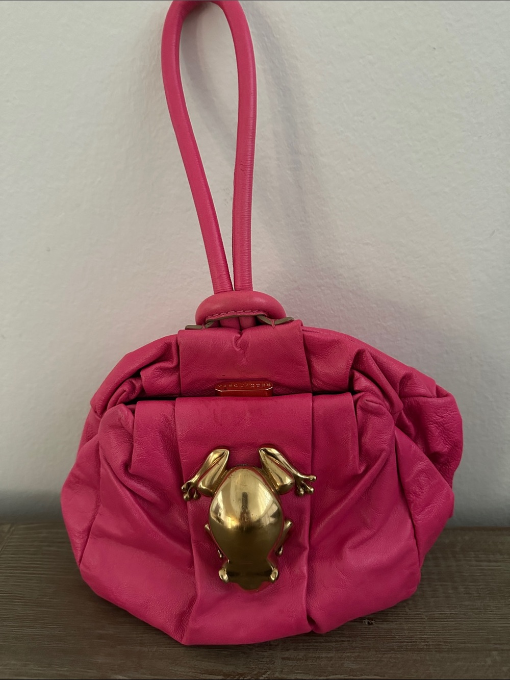 Marc Jacobs Hot Pink Leather Wristlet with Gold Frog Hardware